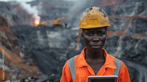 African miner with tablet examines plan for the day