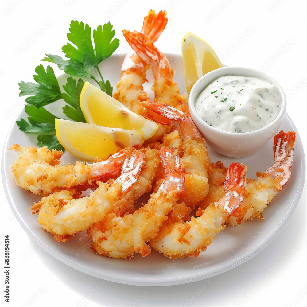 A plate of Japanese ebi fry, breaded and deep-fried shrimp, served with tartar sauce and lemon wedges, isolated on white background.