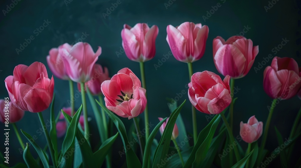 Pink tulips contrasted against a dark backdrop Pink tulips contrasted against a dark backdrop