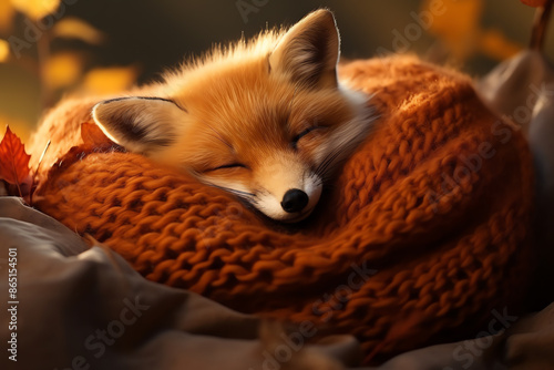a fox sleeping on a blanket photo