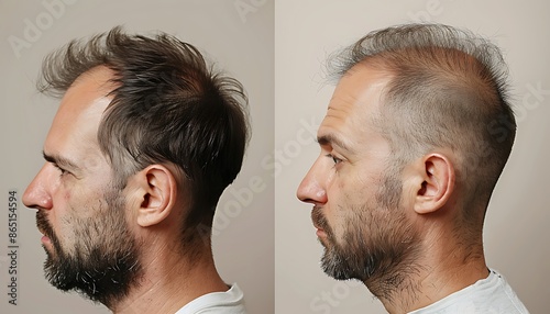 Before and after hair loss. Before and after hair removal. Man with beard and mustache