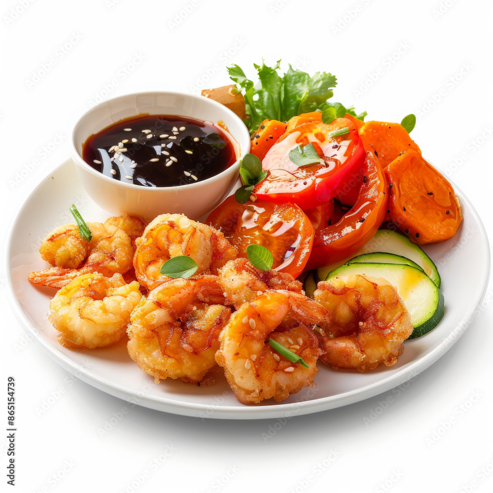 A plate of tempura shrimp and vegetables, including sweet potato, zucchini, and bell pepper, served with a side of dipping sauce, isolated on white background. A plate of tempura shrimp and vegetables, including sweet potato, zucchini, and bell pepper, served with a side of dipping sauce, isolated on white background.
