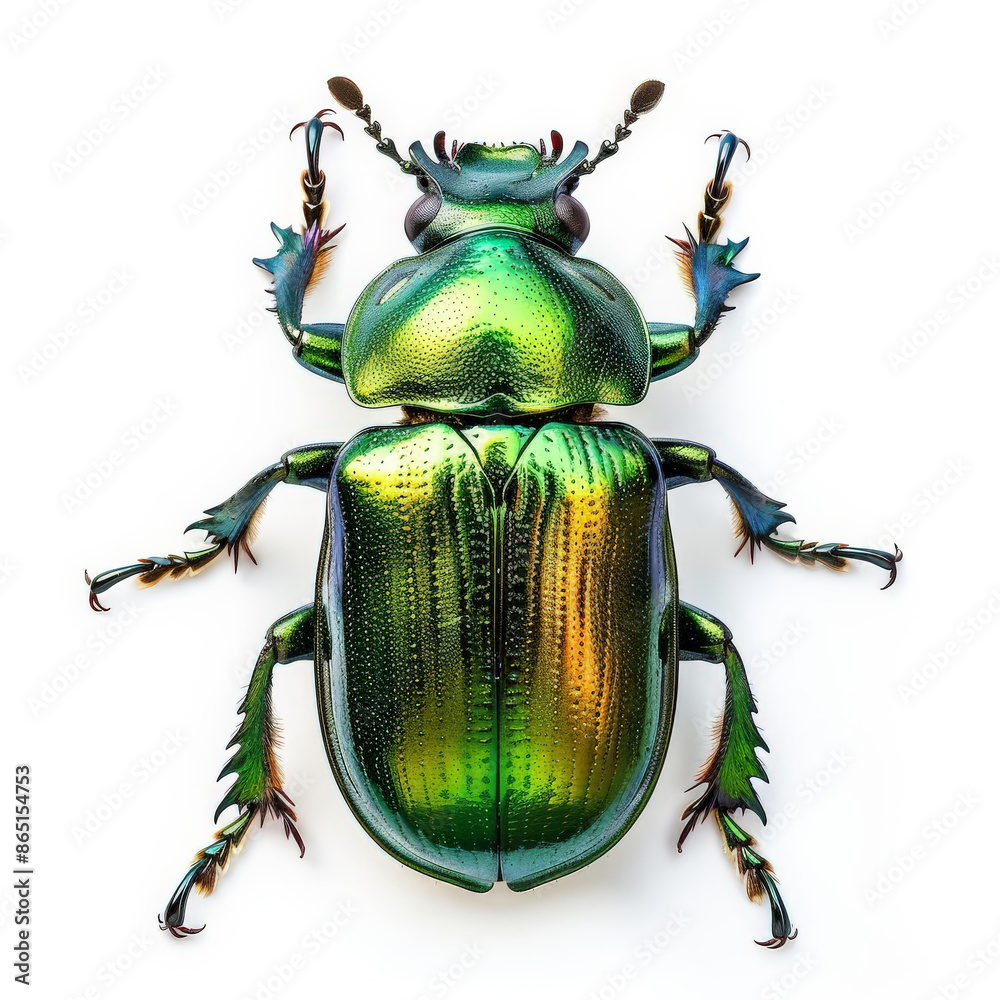 A close-up of a shiny metallic green beetle, isolated on white background A close-up of a shiny metallic green beetle, isolated on white background