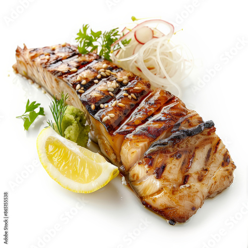 A serving of hamachi kama, grilled yellowtail collar, garnished with lemon wedges and grated daikon radish, isolated on white background.