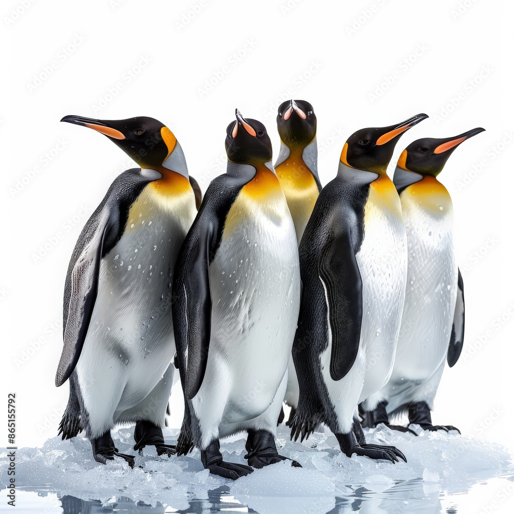 Fototapeta premium A group of penguins standing together on an icy surface, their black and white bodies contrasting the background, isolated on white background.