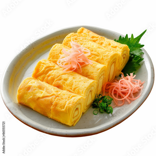 A serving of Japanese tamagoyaki, rolled omelette, sliced and arranged on a plate, garnished with shredded daikon radish, isolated on white background. photo