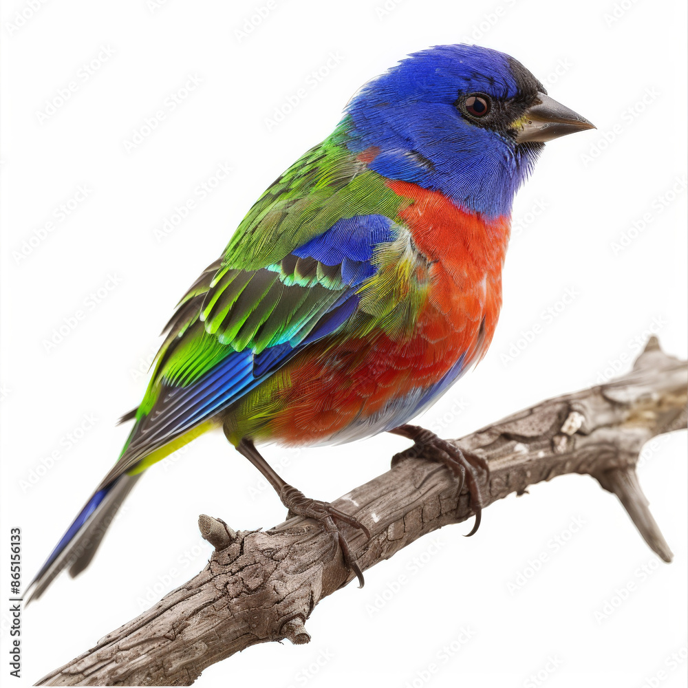 A colorful painted bunting with its bright blue, green, and red feathers, perched on a branch, isolated on white background. A colorful painted bunting with its bright blue, green, and red feathers, perched on a branch, isolated on white background.