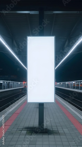 Empty illuminated billboard at night at a modern train station platform with symmetrical lighting, waiting for a train in an urban setting. photo