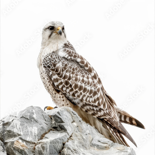 A striking gyrfalcon perched on a rocky ledge, its feathers ruffled by the wind, isolated on white background.