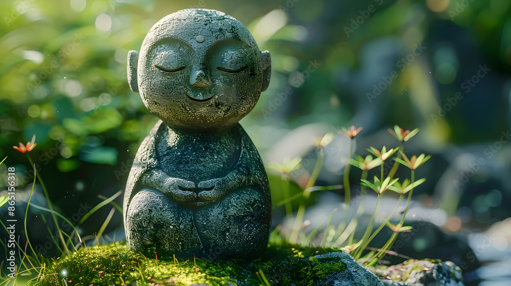 Serene Jizo statue in a tranquil Japanese garden Serene Jizo statue in a tranquil Japanese garden