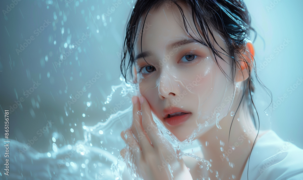 水で潤う女性 水で潤う女性