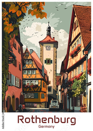 Rothenburg Germany Poster Illustration Travel Print Decor Gift Paper Canvas Wall Retro Art #865156751