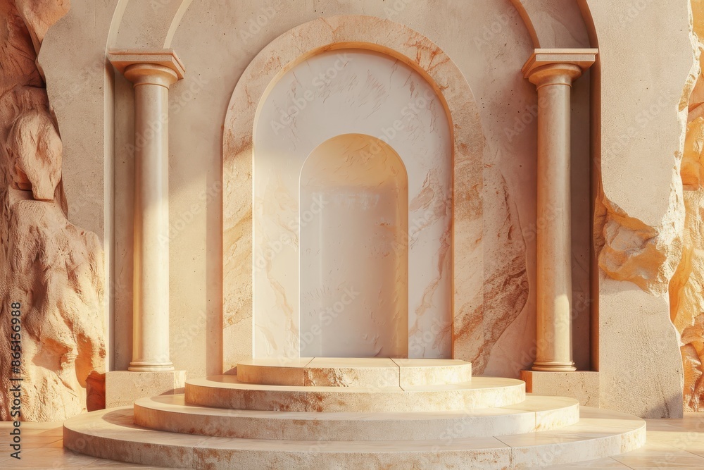 Obraz premium Empty Podium in Grand Hall with Roman Architecture, Abstract Minimal Background for Product Display