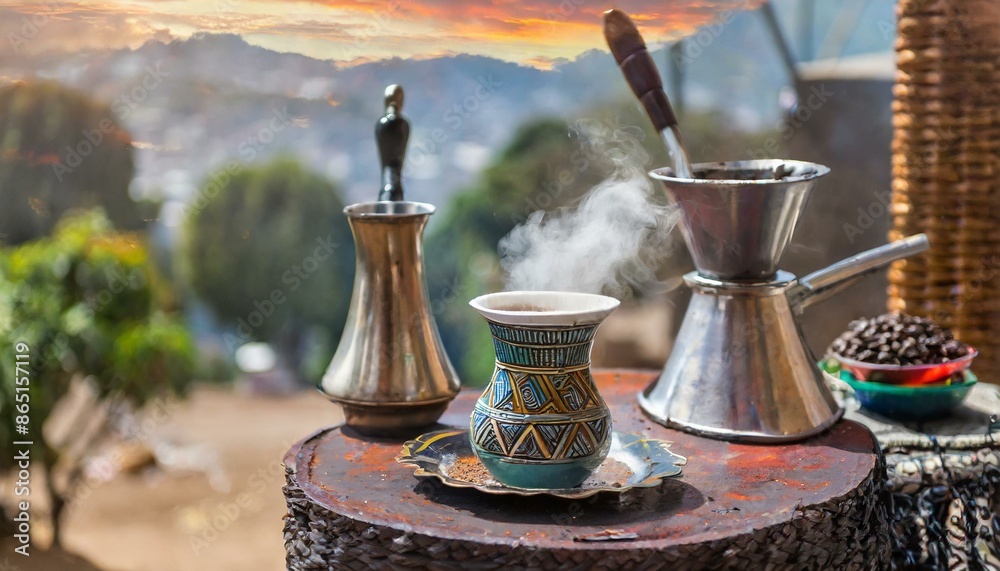 Obraz premium Colorful Ethiopia coffee label with illustration 