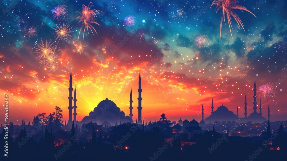 Traditional Ramadan greeting with mosque and festive sky fireworks