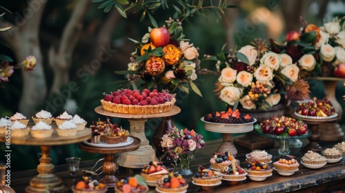 The dessert table adorned with individual apple crumbles and mini berry tarts all made with handpicked fruits from the surrounding forest. © Justlight