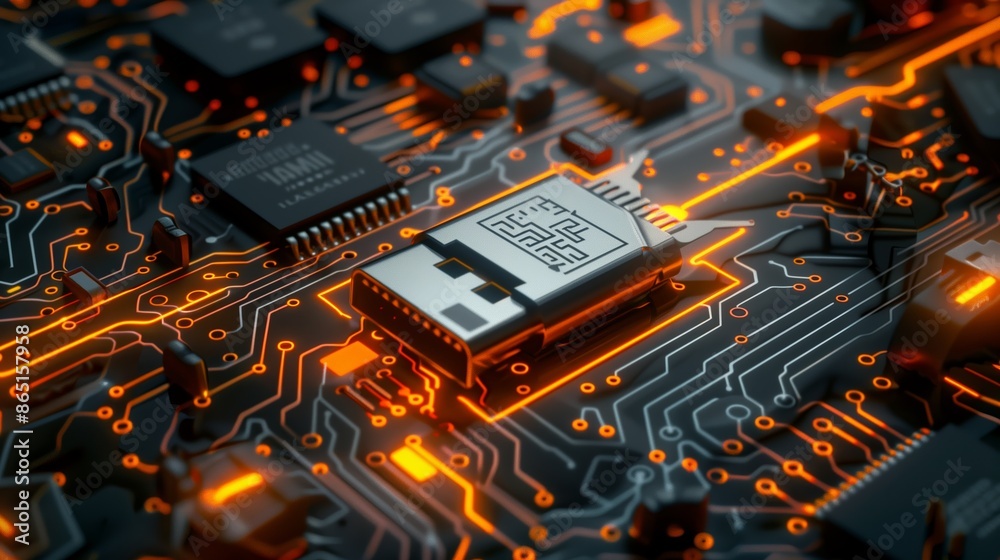 Secure USB Drive on Illuminated Circuit Board Secure USB Drive on Illuminated Circuit Board