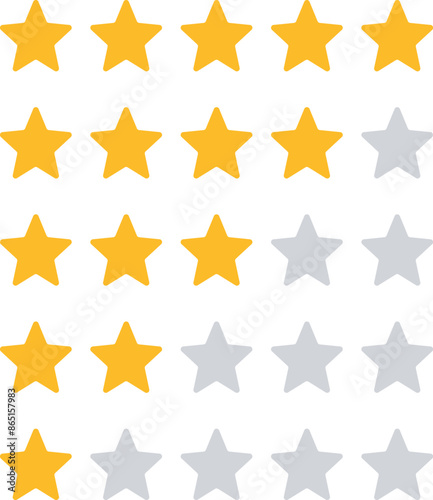 Set of stars rating design elements. Kit of star shapes for ranking interface. Voting symbols from zero to five points. Vector illustration in flat style. Yellow and half star flat feedback icons