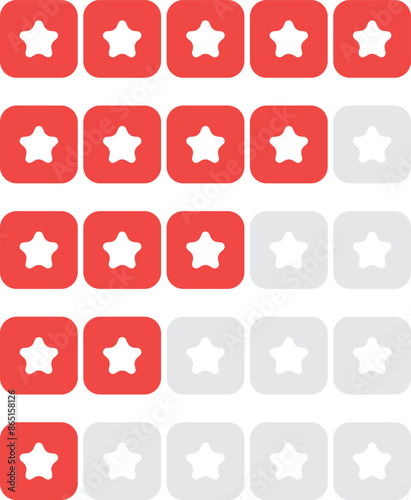 Set of stars rating design elements. Kit of star shapes for ranking interface. Voting symbols from zero to five points. Vector illustration in flat style. Red stars and half star flat vector icons