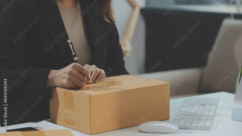 Young woman small business owner online shopping at home. taking note of orders from customers with mobile phones. SME entrepreneur or freelance life style concept. Young woman small business owner online shopping at home. taking note of orders from customers with mobile phones. SME entrepreneur or freelance life style concept.