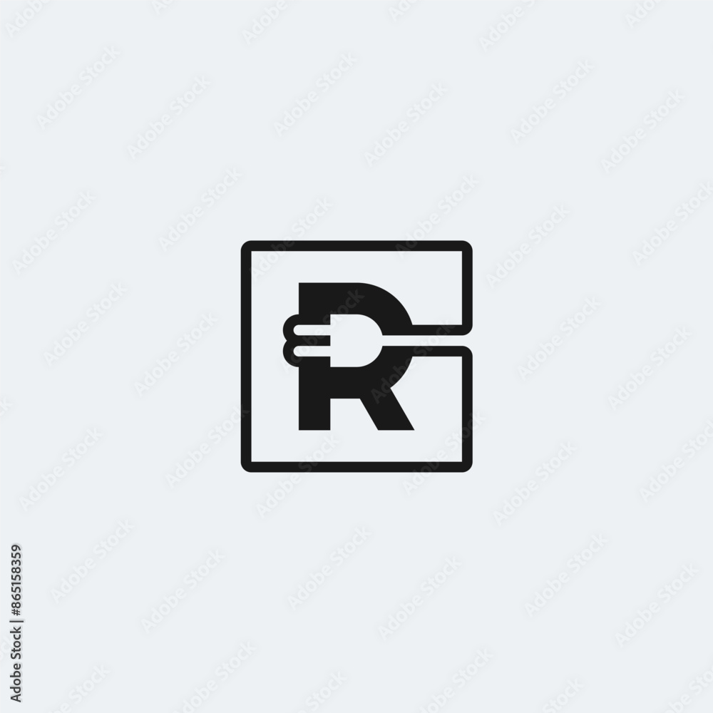 R initial logo with electrical plug as negative space. R initial logo with electrical plug as negative space.