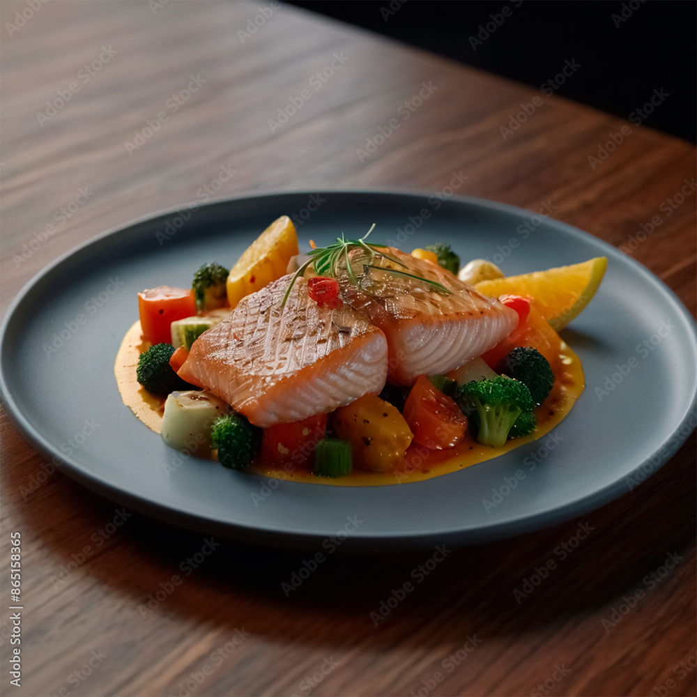 Juicy, fried or baked fish with fresh vegetables, beautifully laid out on a platter. elegantly laid out on a plate. Each crunchy piece, saturated with color and taste, turns it into a feast of feeling Juicy, fried or baked fish with fresh vegetables, beautifully laid out on a platter. elegantly laid out on a plate. Each crunchy piece, saturated with color and taste, turns it into a feast of feeling