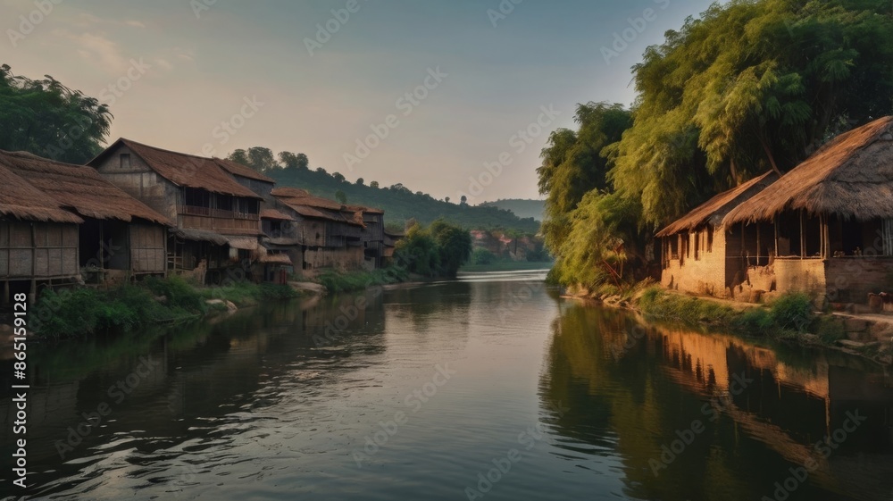 Background of a large river with houses and green trees beside it Background of a large river with houses and green trees beside it