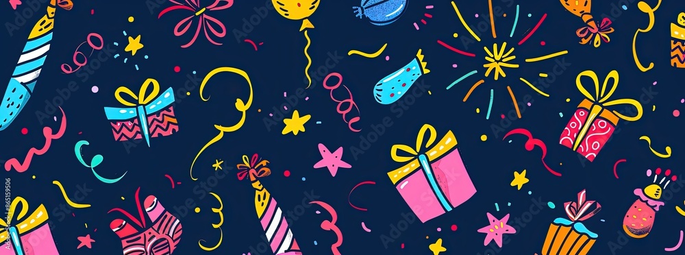 Happy birthday banner blue background with gift boxes, balloons, stars, confetti Happy birthday banner blue background with gift boxes, balloons, stars, confetti