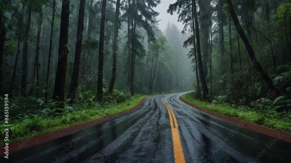 Background of a road in the middle of a foggy forest Background of a road in the middle of a foggy forest