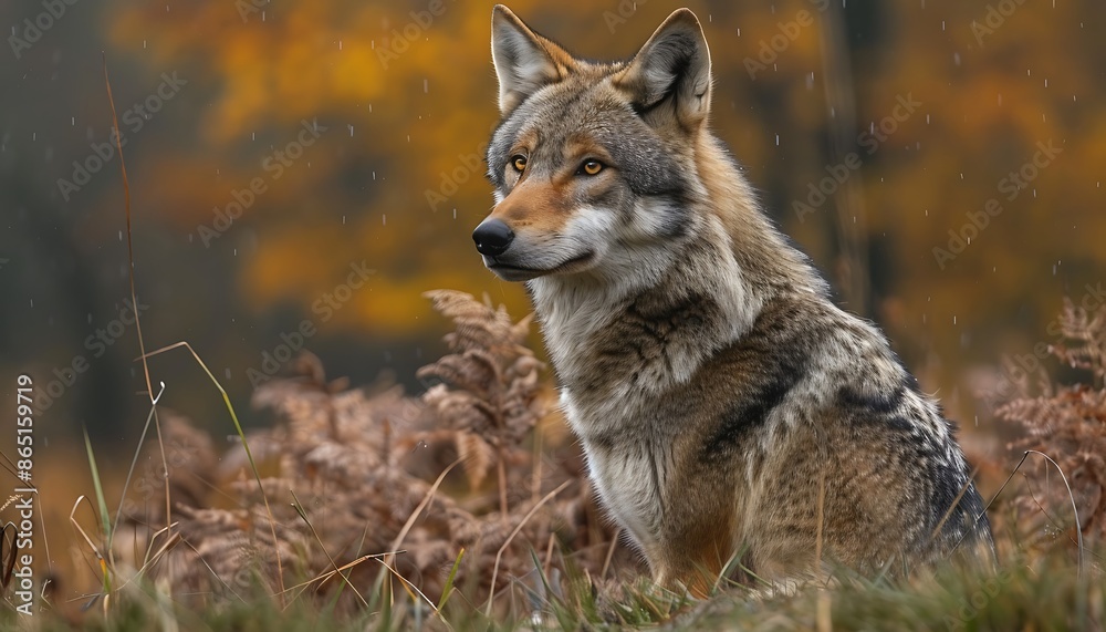 Grey wolf (Canis lupus) portrait in autumn forest Grey wolf (Canis lupus) portrait in autumn forest