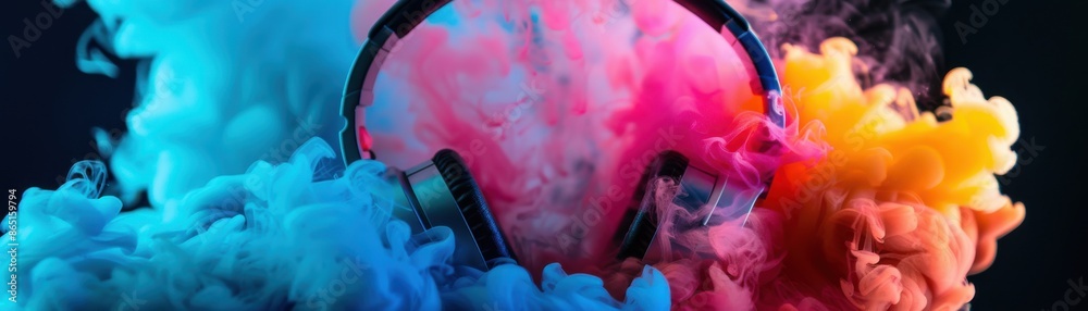 Vibrant image of black headphones surrounded by colorful smoke in blue, pink, and orange shades, symbolizing music, creativity, and sound.