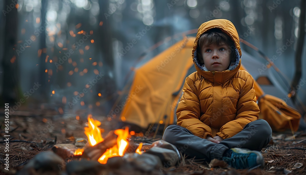 Little boy sitting near bonfire in the forest. Camping concept Little boy sitting near bonfire in the forest. Camping concept