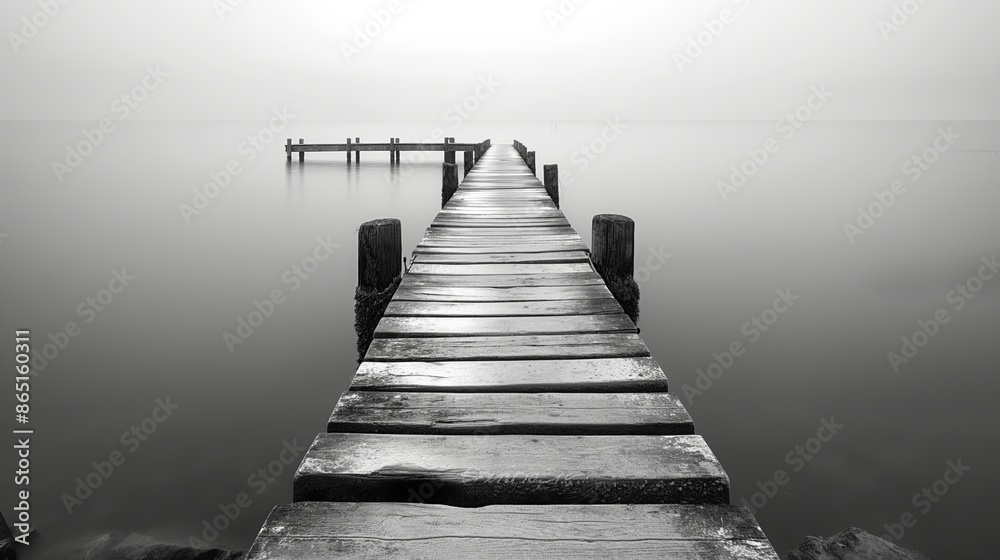 Fototapeta premium Gray Serenity: Wooden Piers Stretching into Misty Waters