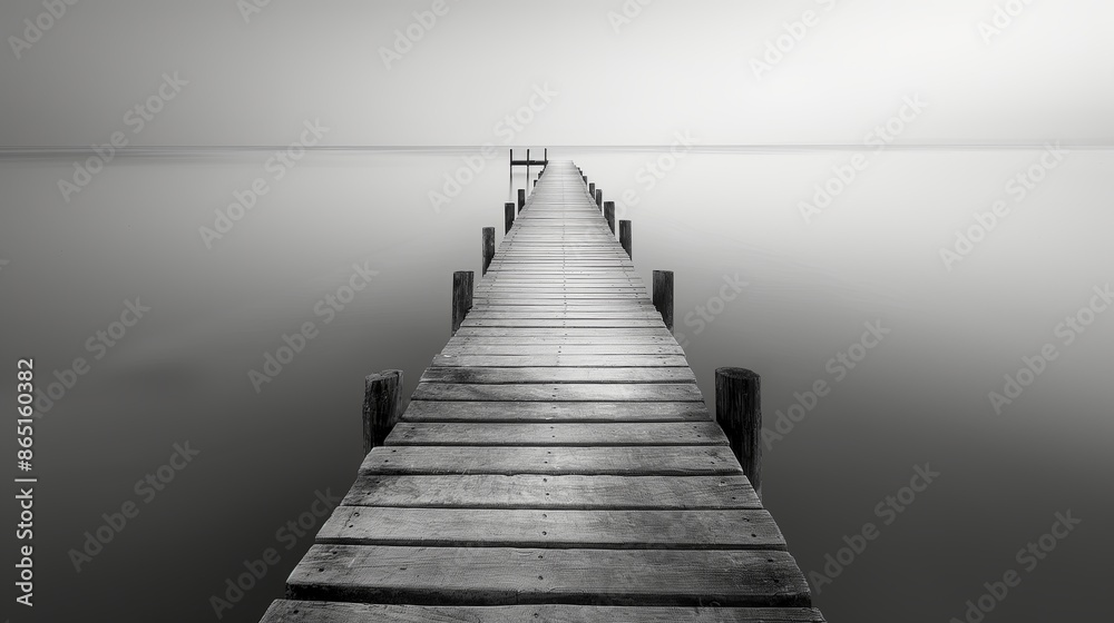 Obraz premium Gray Serenity: Wooden Piers Stretching into Misty Waters