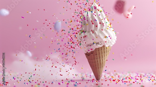 A white ice cream cone with colorful sprinkles, on a pink background. © stocker