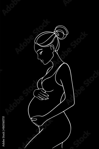 A minimalist, black single line drawing of a pregnant woman. She is depicted in a side profile, with her hand gently touching her belly. Her hair is styled in a bun, and she appears to be in a contemp