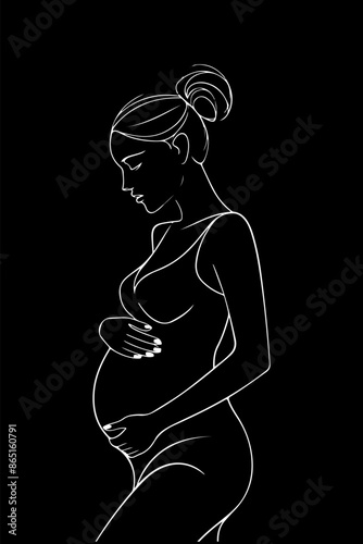 A minimalist, black single line drawing of a pregnant woman. She is depicted in a side profile, with her hand gently touching her belly. Her hair is styled in a bun, and she appears to be in a contemp