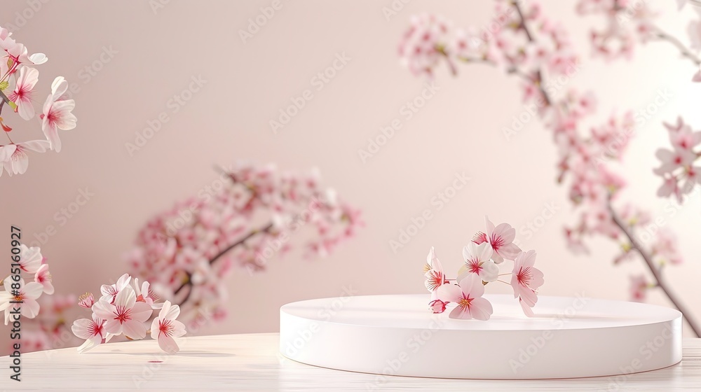 Elegant Spring Product Display: White Wooden Podium with Cherry Blossoms in Serene Background