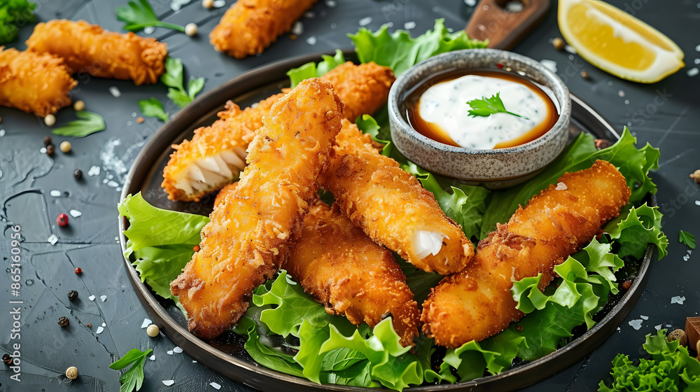 crispy fish sticks with dipping sauce, rustic metal tray and blue-gray background crispy fish sticks with dipping sauce, rustic metal tray and blue-gray background