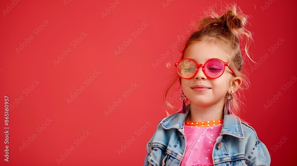 Childrens fashion Portrait of a little cute girl with glitter makeup in fashionable clothes and accessories of a pop and rock musician on a red studio background Little fashiongirl : Generative AI Childrens fashion Portrait of a little cute girl with glitter makeup in fashionable clothes and accessories of a pop and rock musician on a red studio background Little fashiongirl : Generative AI