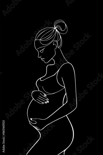A minimalist, black single line drawing of a pregnant woman. She is depicted in a side profile, with her hand gently touching her belly. Her hair is styled in a bun, and she appears to be in a contemp