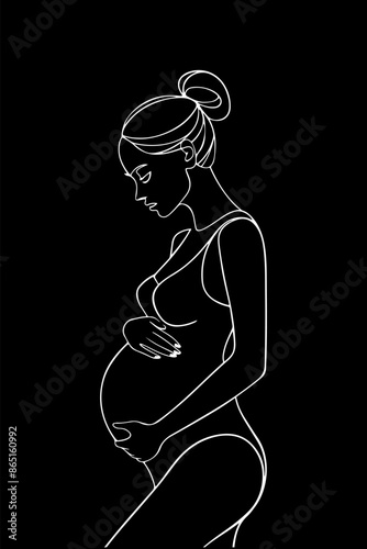 A minimalist, black single line drawing of a pregnant woman. She is depicted in a side profile, with her hand gently touching her belly. Her hair is styled in a bun, and she appears to be in a contemp