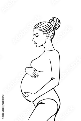 A minimalist, black single line drawing of a pregnant woman. She is depicted in a side profile, with her hand gently touching her belly. Her hair is styled in a bun, and she appears to be in a contemp