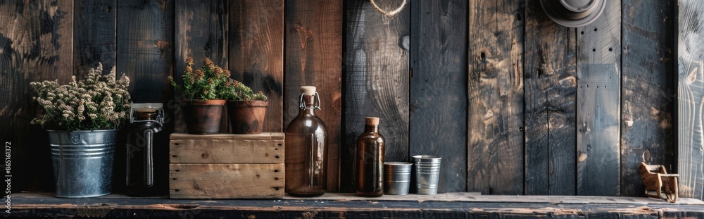Rustic wooden, shelf with plants and bottles Rustic wooden, shelf with plants and bottles