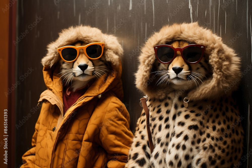 Cheetahs in winter coats and sunglasses. Cheetahs in winter coats and sunglasses.