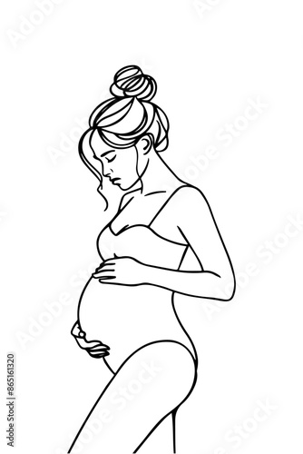 A minimalist, black single line drawing of a pregnant woman. She is depicted in a side profile, with her hand gently touching her belly. Her hair is styled in a bun, and she appears to be in a contemp