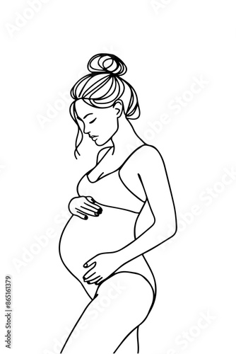 A minimalist, black single line drawing of a pregnant woman. She is depicted in a side profile, with her hand gently touching her belly. Her hair is styled in a bun, and she appears to be in a contemp
