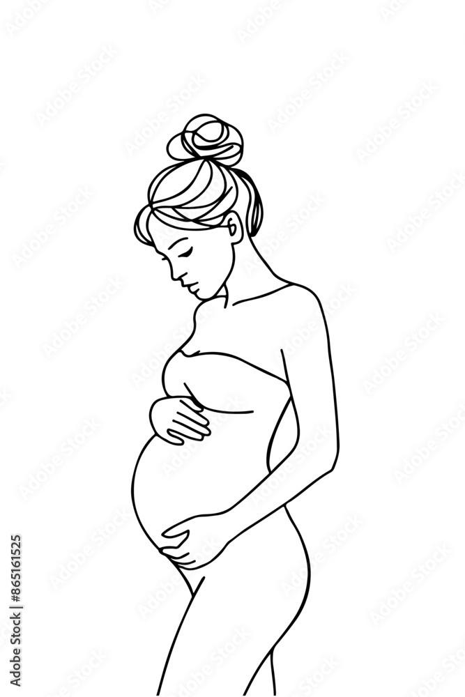 A minimalist, black single line drawing of a pregnant woman. She is depicted in a side profile, with her hand gently touching her belly. Her hair is styled in a bun, and she appears to be in a contemp A minimalist, black single line drawing of a pregnant woman. She is depicted in a side profile, with her hand gently touching her belly. Her hair is styled in a bun, and she appears to be in a contemp