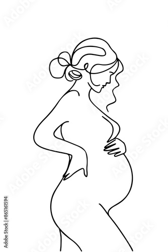 A minimalist, black single line drawing of a pregnant woman. She is depicted in a side profile, with her hand gently touching her belly. Her hair is styled in a bun, and she appears to be in a contemp