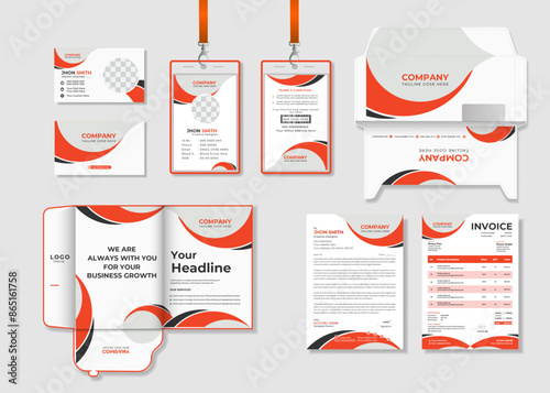 Professional business branding stationery set design template. Business office stationary mockup template of  Business card, ID card, Envelope,  Marketing File folder, Letterhead and Invoice design.
